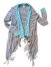 Boho Open Cardigan Sweater Fringe Tan Aqua Aztec By Vanity Made in USA Medium