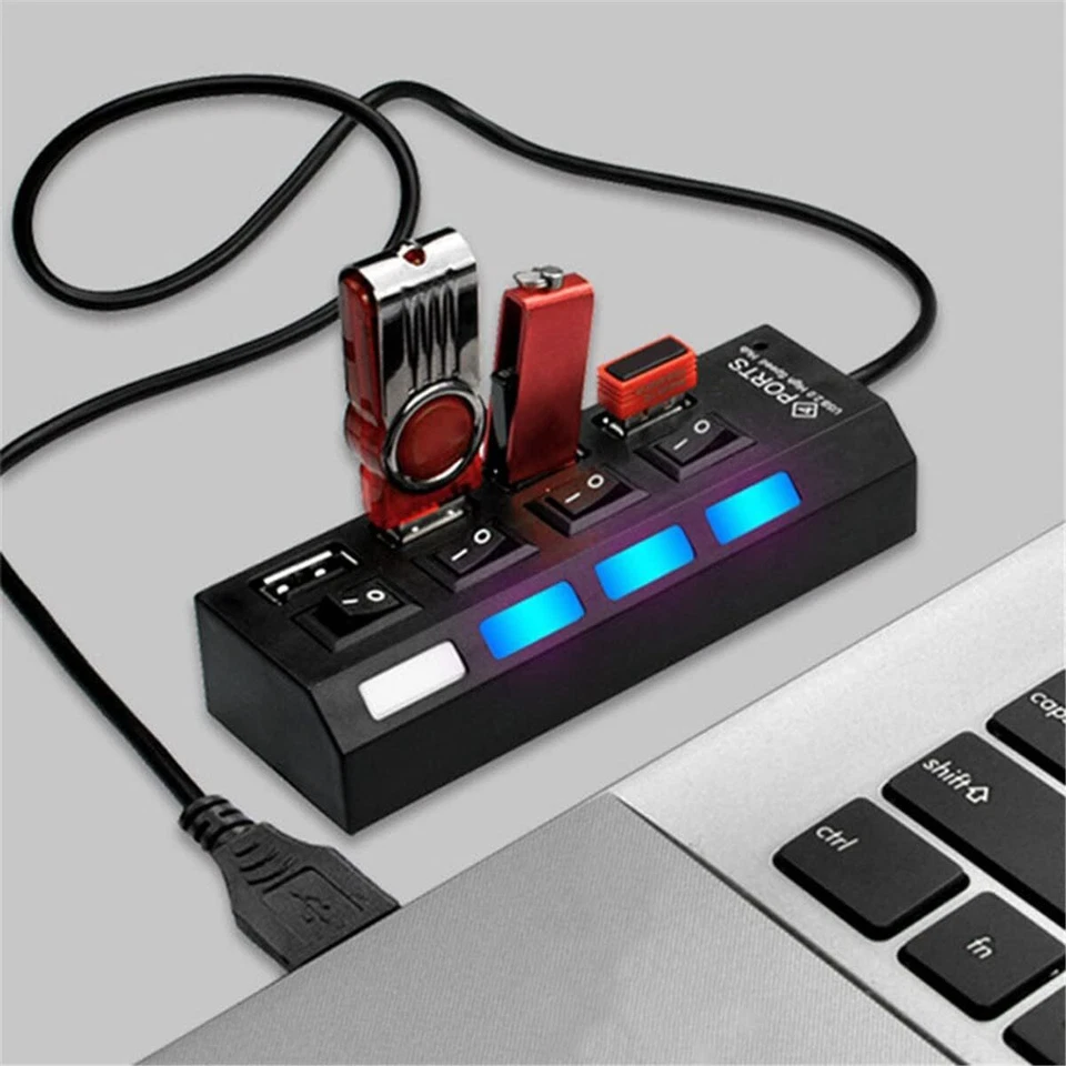 USB Hub 7 Port On/Off Switch High Speed Splitter AC Adapter Cable PC Laptop Lot - Image 4 of 4