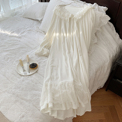 2022 WOMEN LACE SOFT Winter Robe White Sleepwear Nightgown Velvet - Foto 8 di 12