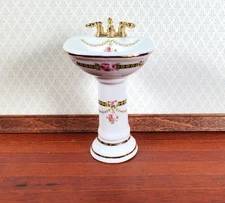 Dollhouse Pedestal Sink Bathroom Victorian Rose Reutter Porcelain 1:12 Scale