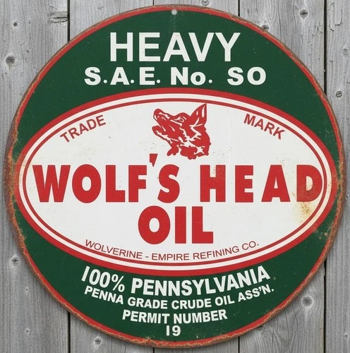 Wolf's Head Oil 8" Diameter Vintage Novelty Metal Sign Made In USA New!