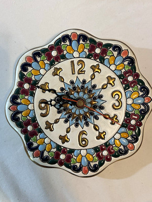 Sevillarte Hand Painted Ceramic Floral Wall Clock 6in Battery Analog Spain