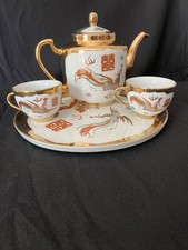 Vintage Chinese Porcelain Tea Set Hand Painted Dragon Phoenix Motif Gold Detail