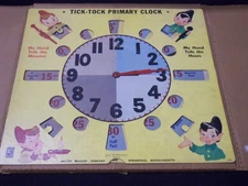 1955 MILTON BRADLEY CO. KURTZ BROS TICK-TOCK PRIMARY SCHOOL CLOCK W/ BOX