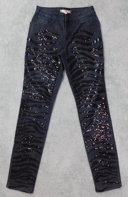 Boston Proper Zebra Striped Sequin Indigo Denim Jeans Size 0 Skinny Stretch