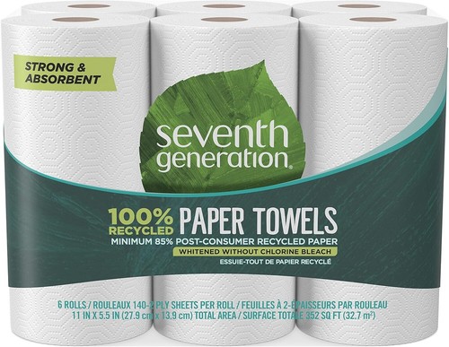Seventh Generation 100% Recycled Paper Towels, 2 Ply, 140 Sheets, 6 Rolls