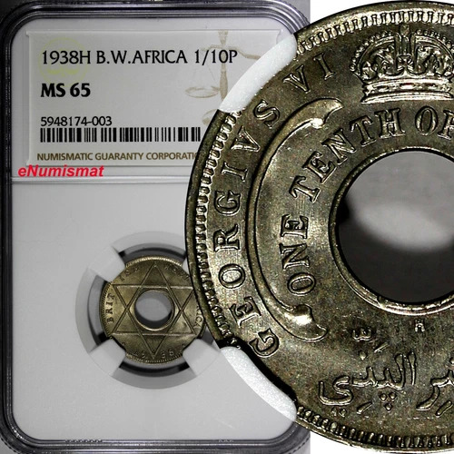 British West Africa George VI 1938 H 1/10 Penny Better Date NGC MS65 KM# 20 (3)