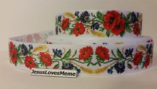 Grosgrain Ribbon, Beautiful Red  Blue Flower Spray with Greenery, Bouquet, 1"