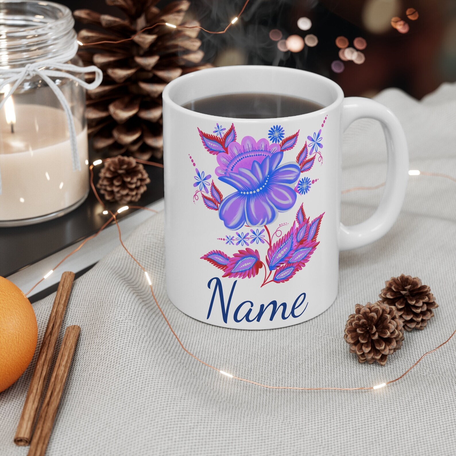 Personalized Coffee Mug Ceramic Mug 11oz Purple Floral Design Perfect Birthday