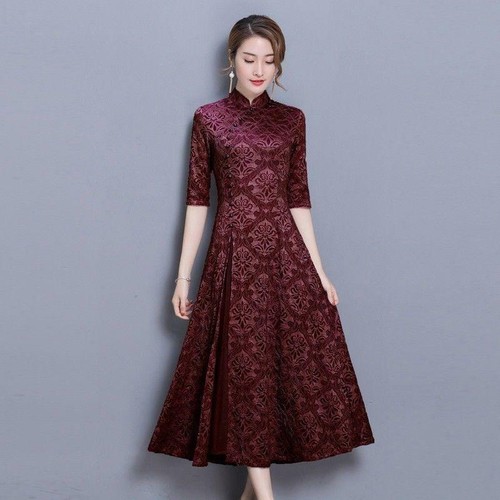 Lady Lace Floral Collar Ethnic Mandarin Chinese Half Sleeve Long Dress Qipao Hot - Picture 18 of 18