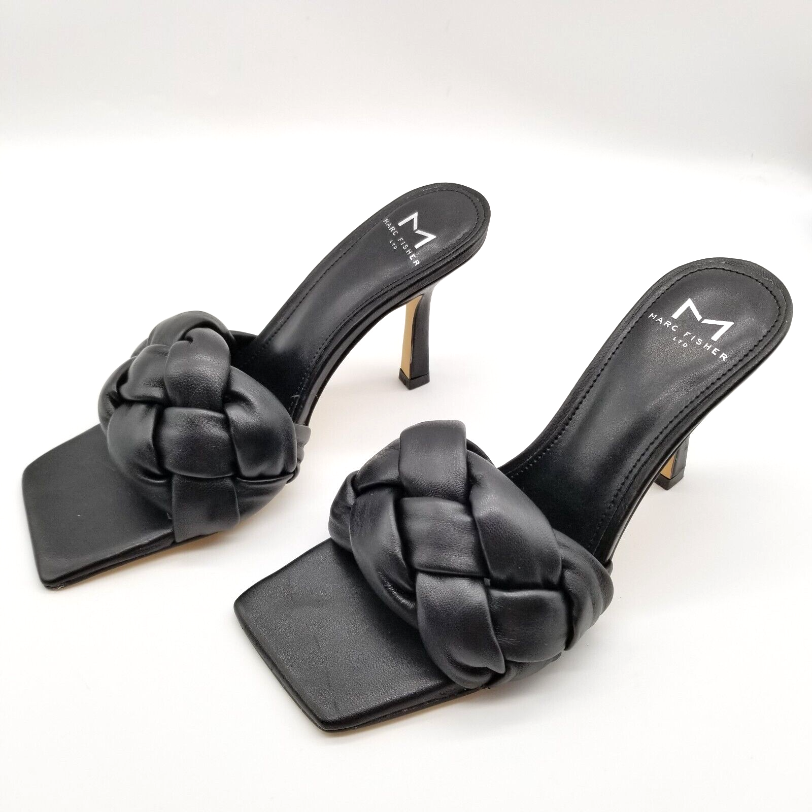 APL Sandali donna Marc Fisher Digana con tacco misura 6 5 neri in pelle intrecciata