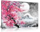 Pink Black & White Oil Painting Japanese Cherry Blossom Landscape Canvas Wall...
