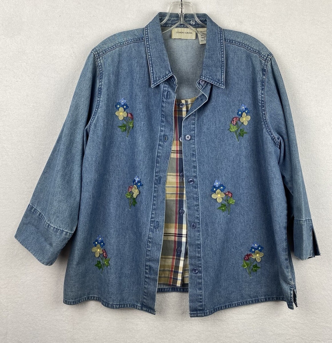 Lemon Grass Women Denim Shirt L Blue 3/4 Sleeve Button Up Flowers Vintage