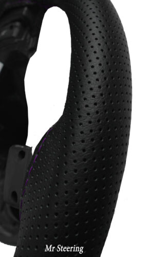 FOR BMW E34 88-96 BLACK PERFORATED LEATHER STEERING WHEEL COVER PURPLE STITCHING - Picture 1 of 3