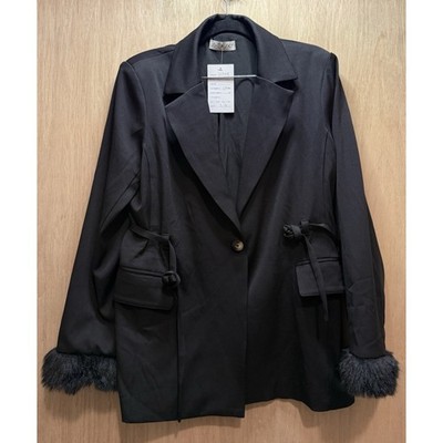 She + Sky Black Wrap Coat Faux Fur Cuff Accent New