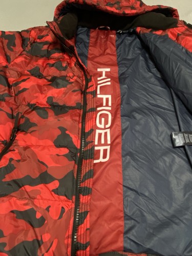 Tommy Hilfiger Mens Red/Black Camo Hooded Puffy Jacket Size XXL Full Zip - Picture 7 of 15