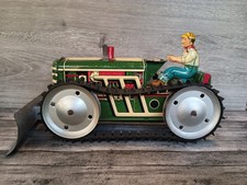 Vintage WORKING 1940s Marx Tin Litho Wind Up Tractor Green With Original Plow