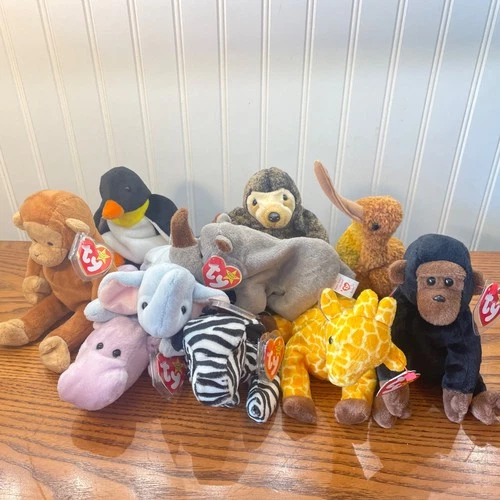 VTG Ty Beanie Babies Assorted Zoo Animals Giraffe Koala Lot Of 10 With Tags Mint