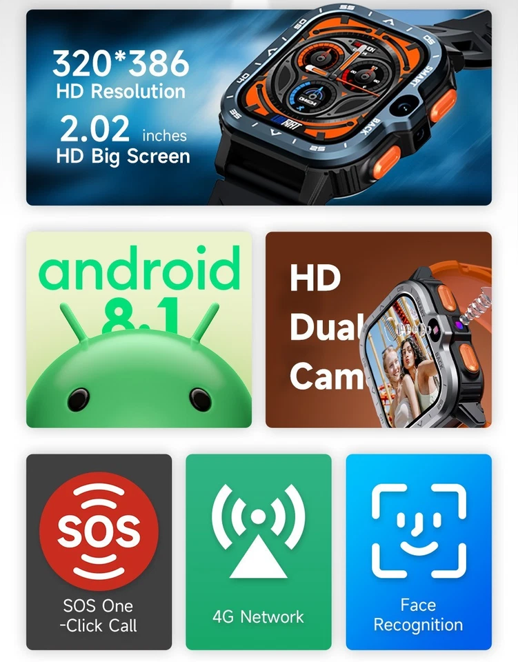 Reloj inteligente 4G Android 2,02"" GPS HD doble cámara NFC tarjeta SIM 2+16 GB independiente Foto 2 de 4