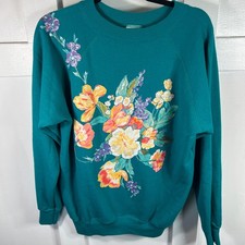 Vintage Hanes Teal Floral Glitter Graphic Sweatshirt Made in USA Large
