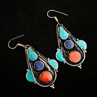 Turquoise Coral Gemstone Drop Dangle Tibetan Earrings Jewelry Gift 2.8" AE-13799