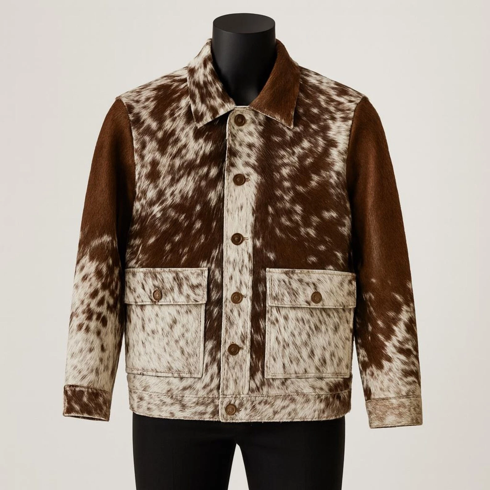 Ranch Trucker Style Leather Jacket Brown White Handmade Cowhide Hair-On Hide