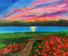 Original Canvas Painting. California Landscape. Poppies, Meadow, Mountains. 10"