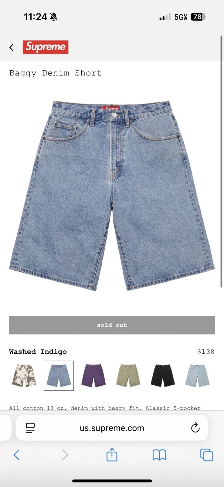 Short Supreme Baggy Denim légèrement lavé indigo taille 35 SS25 commande confirmée !