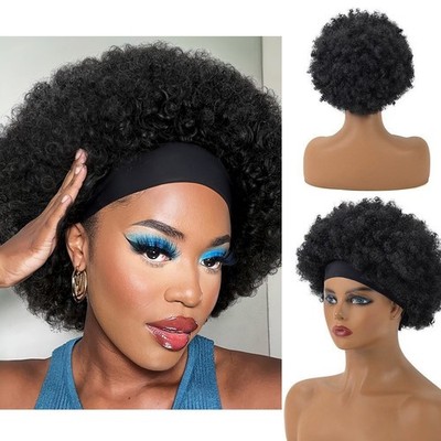 Women's Ice Silk Headband Synthetic Afro Curly Wig, Short Kinky Curly Wig