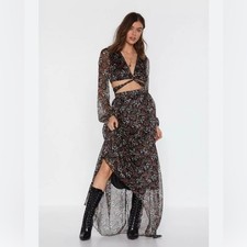 NASTY GAL Cutout L/S Floral Maxi Dress ~ Long Sleeve Criss cross Daisy Jones NEW