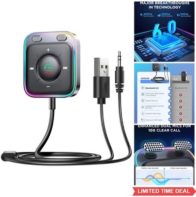 Bluetooth AUX Car Adapter Dual Mics Noise Cancellation Hands-Free Calls Music