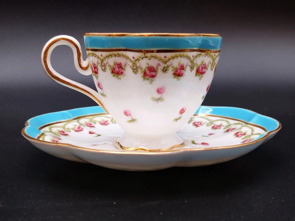 Antique George Jones & Sons Demitasse CUP & SAUCER Blue Band Pink Roses 16605 - Image 2 of 4