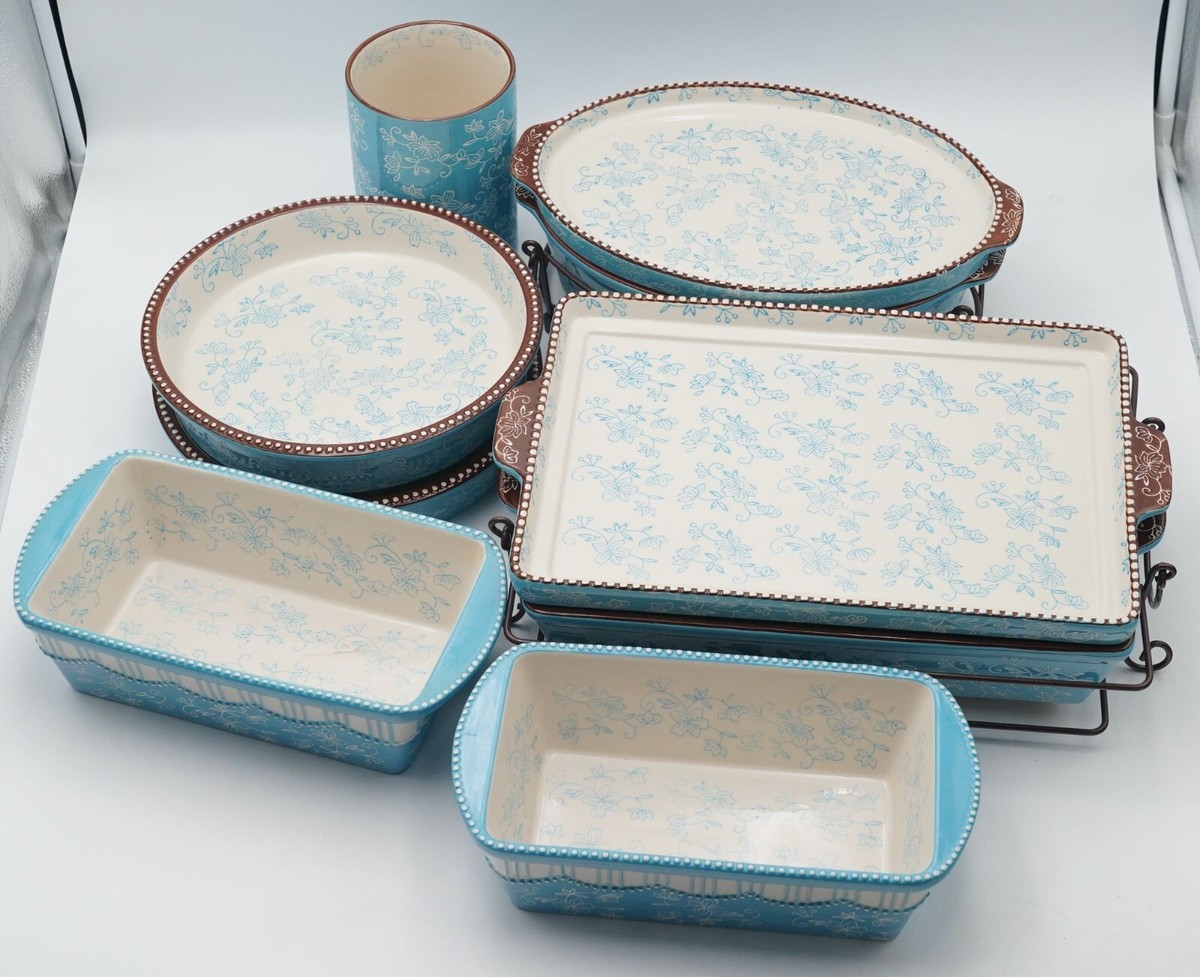 Temp-Tations Floral Lace Light Blue Utensil Crock, Casserole, Pie