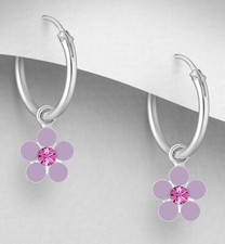 Solid Sterling Silver Lilac Purple Enamel Flower Endless Hoop Childrens Earrings
