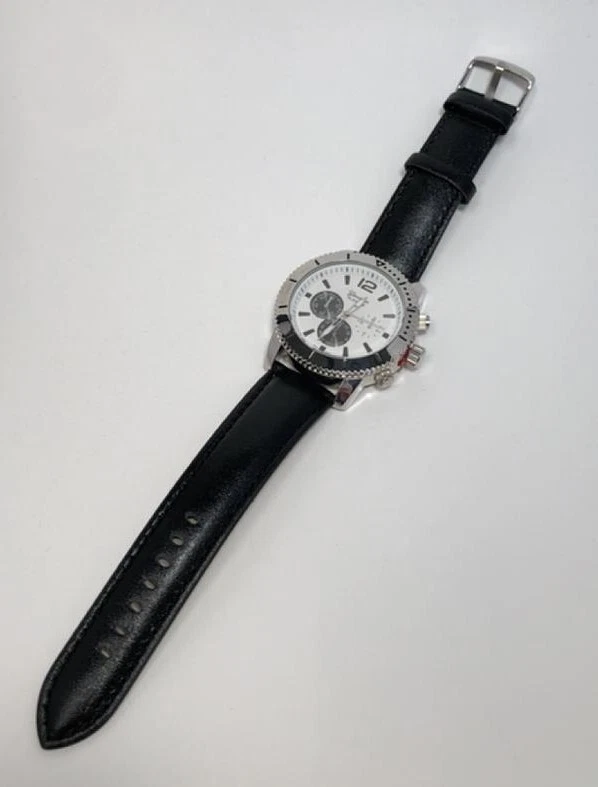 NUEVO Reloj Geneva Platinum 9701 para hombre imitación cronógrafo esfera blanca cuero negro plata Foto 3 de 4