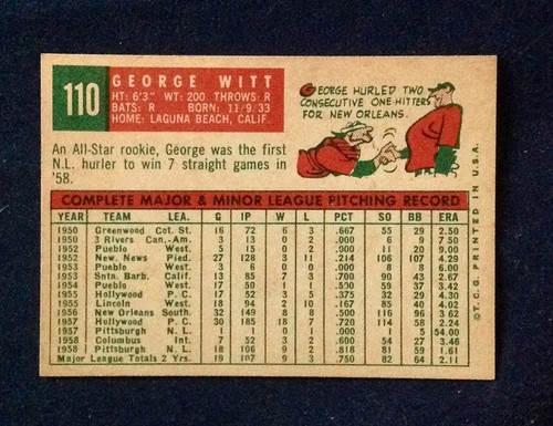 1959 Topps Baseball #110 George Witt Pirates EX-MT envío gratuito - Imagen 2 de 2