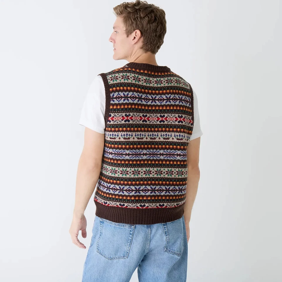 J. Suéter-chaleco de lana de cordero Fair Isle marrón chocolate CREW para hombre - nuevo sin etiquetas Foto 3 de 3