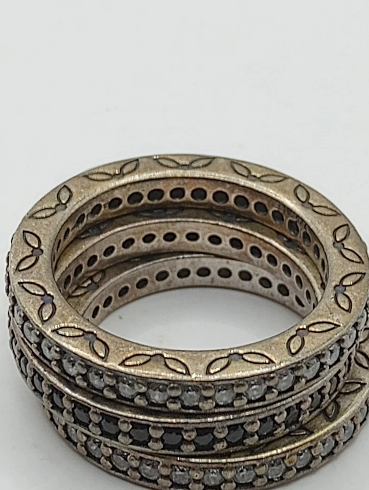 PANDORA 925 Steerling 银色 3 戒指套装 尺寸 7.5 Onyx 和 CZ — 第 3/4 张图片