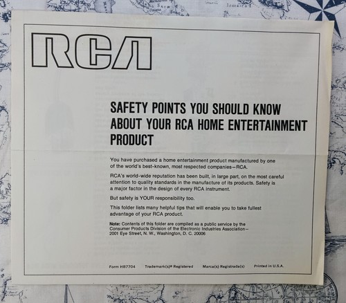 Manual de operación y folleto de seguridad de televisión a color RCA EF243 de colección de los años 70 - Imagen 4 de 5