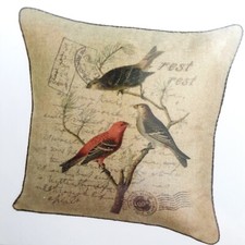Decorative Pillow Cover 18x18 Birds Tree Branch Beige Vintage Look