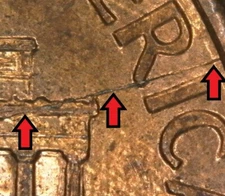 1996-P Philadelphia Lincoln Memorial Penny/Cent Long Die Crack Error/Variety Cir