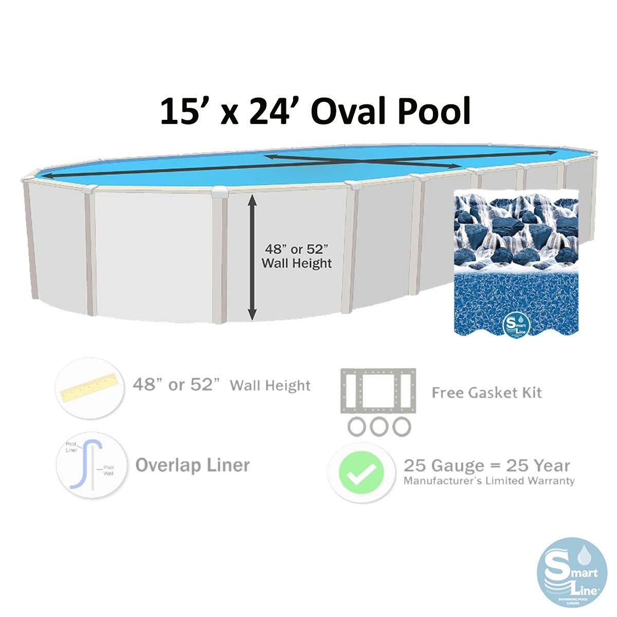 Smartline 15 x 24 oval swimming pool 25 gauge overlap liner choose