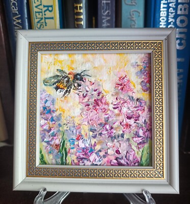 Honey Bee Original Oil Painting Floral Art Miniature Framed 4x4 in | eBay