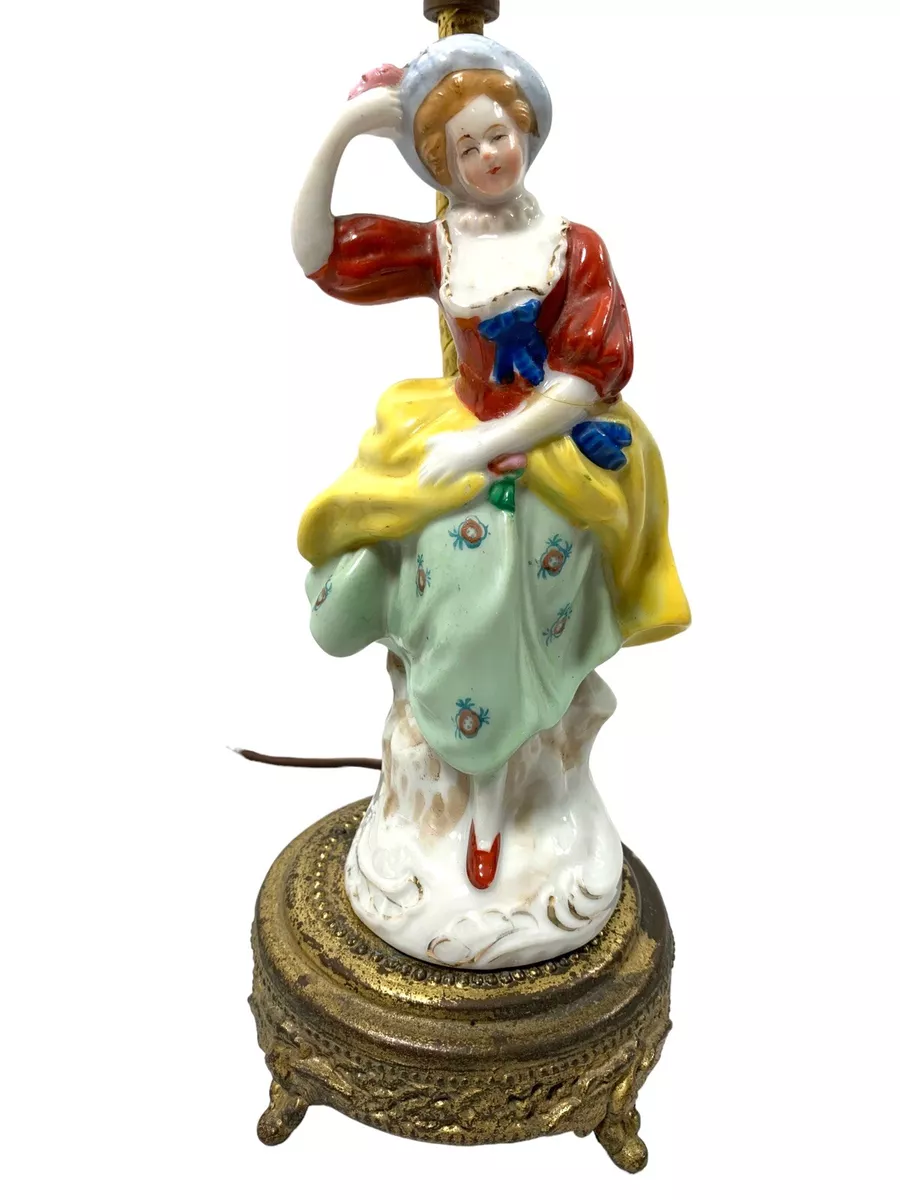 Vintage Porcelain Lady Figurine Small Table Lamp Brass Metal Base Works