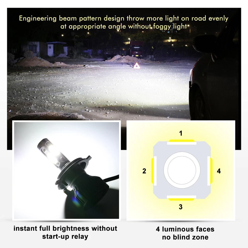 4-sides Pair H4 Headlight Globes Light LED 6500K High Low Beam Bulbs Kit White - image 4 of 4