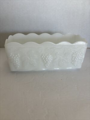 Milk Glass Grape Leaves Planter Fire King Anchor Hocking Vintage