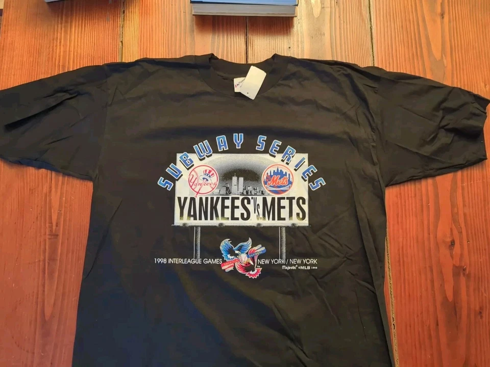 Camiseta vintage de los New York Yankees Mets 1998 serie metro XL NUEVA CON ETIQUETAS tiene agujero pequeño Foto 2 de 4