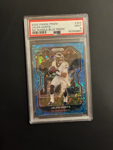 2020 PANINI PRIZM NO HUDDLE BLUE PRIZM #343 JALEN HURTS ROOKIE RC #d/79 PSA 9