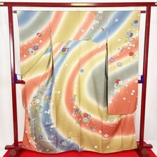 Japanese Kimono 'FURISODE' Silk/Khaki/Coral pink/Flower/flow/Length:164cm N0692