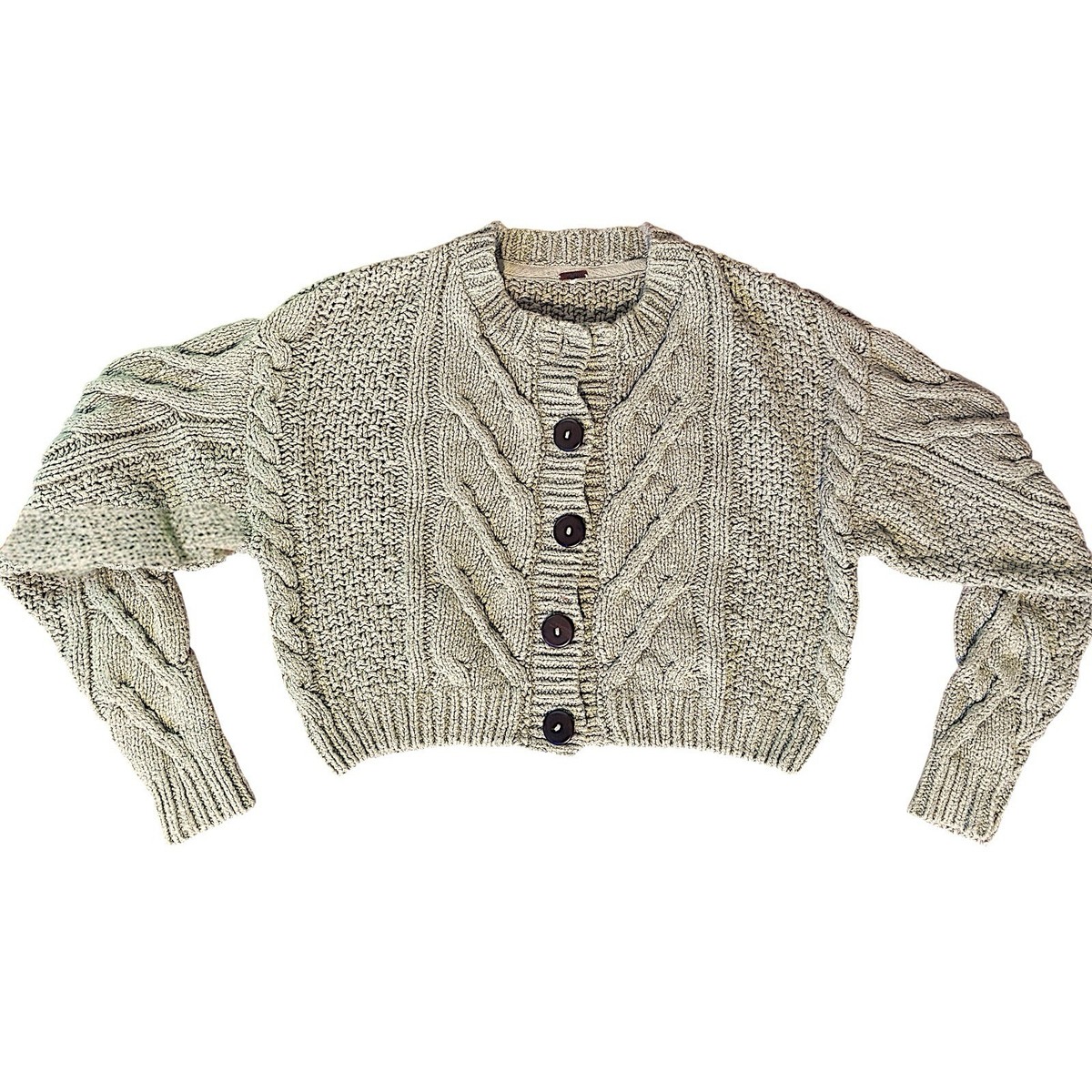 Free People Bonfire Cardi Cropped Button Up Cable Knit Green Boho